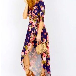 Like-New Navy Blue & Pink Floral Tea-N-Rose Asymmetrical High-Low Wrap Dress Med